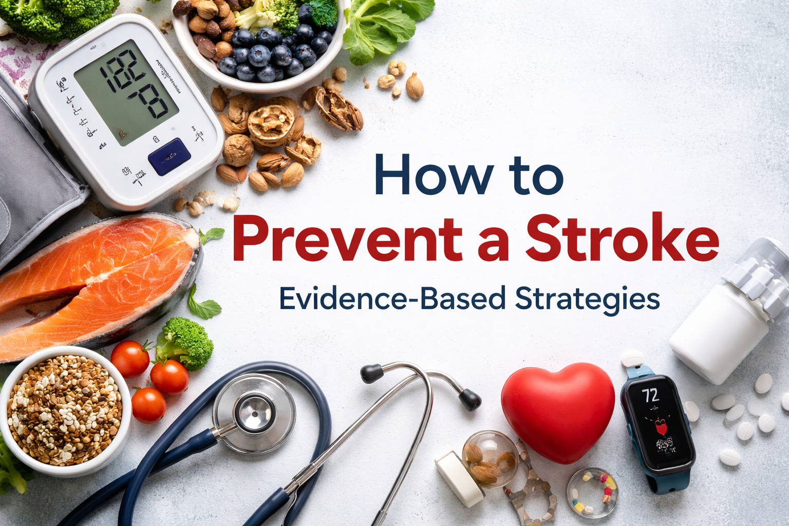 Stroke prevention concept with blood pressure monitor, heart health foods, stethoscope, and wellness tools representing evidence-based risk reduction strategies